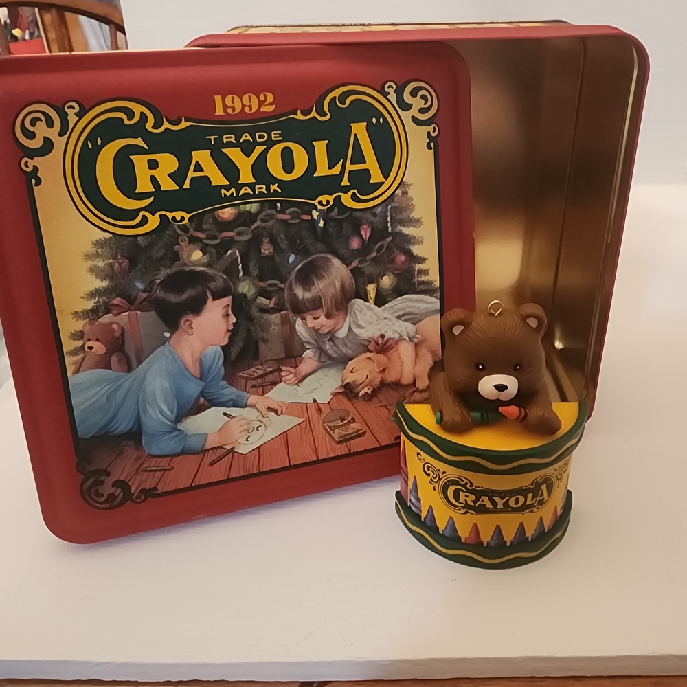 Vintage Crayola 1992 Tin and Bear Ornament Set - Red and Gold